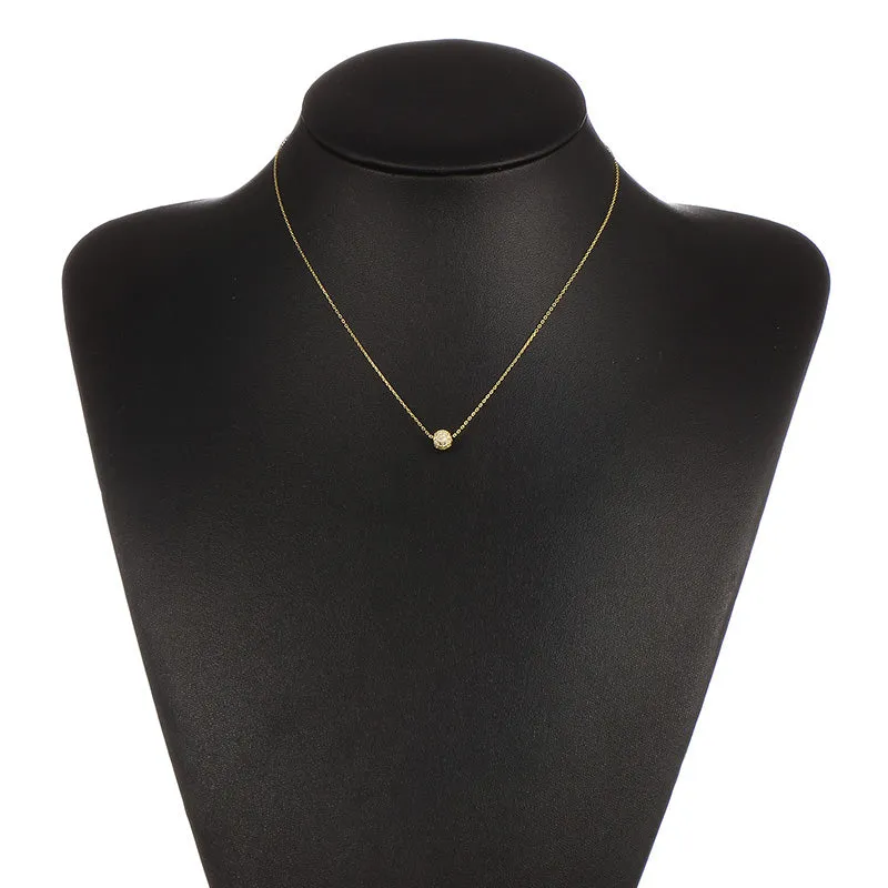 Golden Pave Ball Necklace with Crystal Slider on Delicate Gold Chain - Diamond and Crystal Bead Accents, 8mm Cubic Zirconia CZ