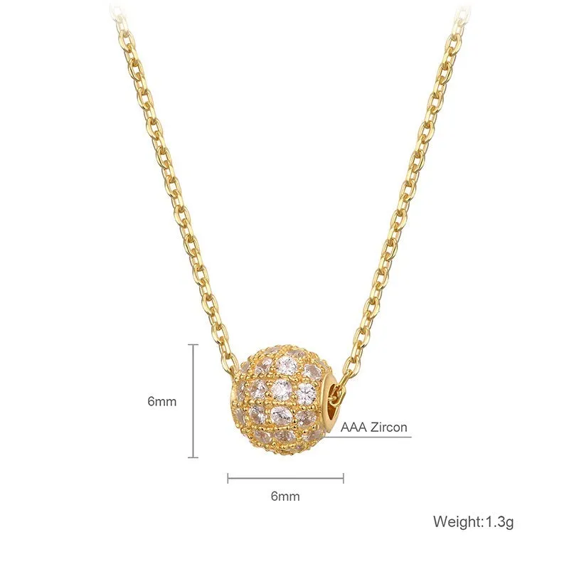Golden Pave Ball Necklace with Crystal Slider on Delicate Gold Chain - Diamond and Crystal Bead Accents, 8mm Cubic Zirconia CZ