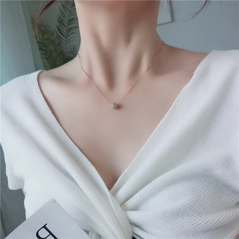 Golden Pave Ball Necklace with Crystal Slider on Delicate Gold Chain - Diamond and Crystal Bead Accents, 8mm Cubic Zirconia CZ