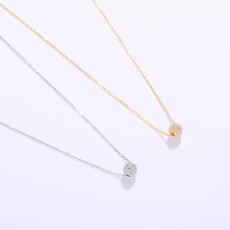 Golden Pave Ball Necklace with Crystal Slider on Delicate Gold Chain - Diamond and Crystal Bead Accents, 8mm Cubic Zirconia CZ