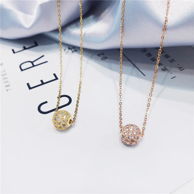 Golden Pave Ball Necklace with Crystal Slider on Delicate Gold Chain - Diamond and Crystal Bead Accents, 8mm Cubic Zirconia CZ