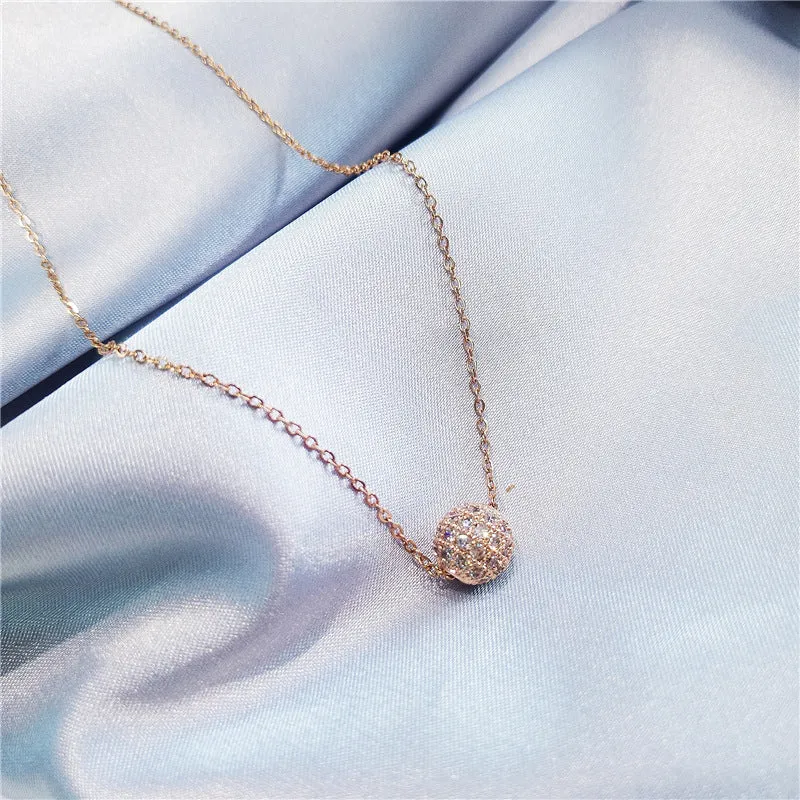 Golden Pave Ball Necklace with Crystal Slider on Delicate Gold Chain - Diamond and Crystal Bead Accents, 8mm Cubic Zirconia CZ