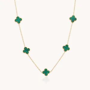 Green Malachite Clover Necklace, Gold
