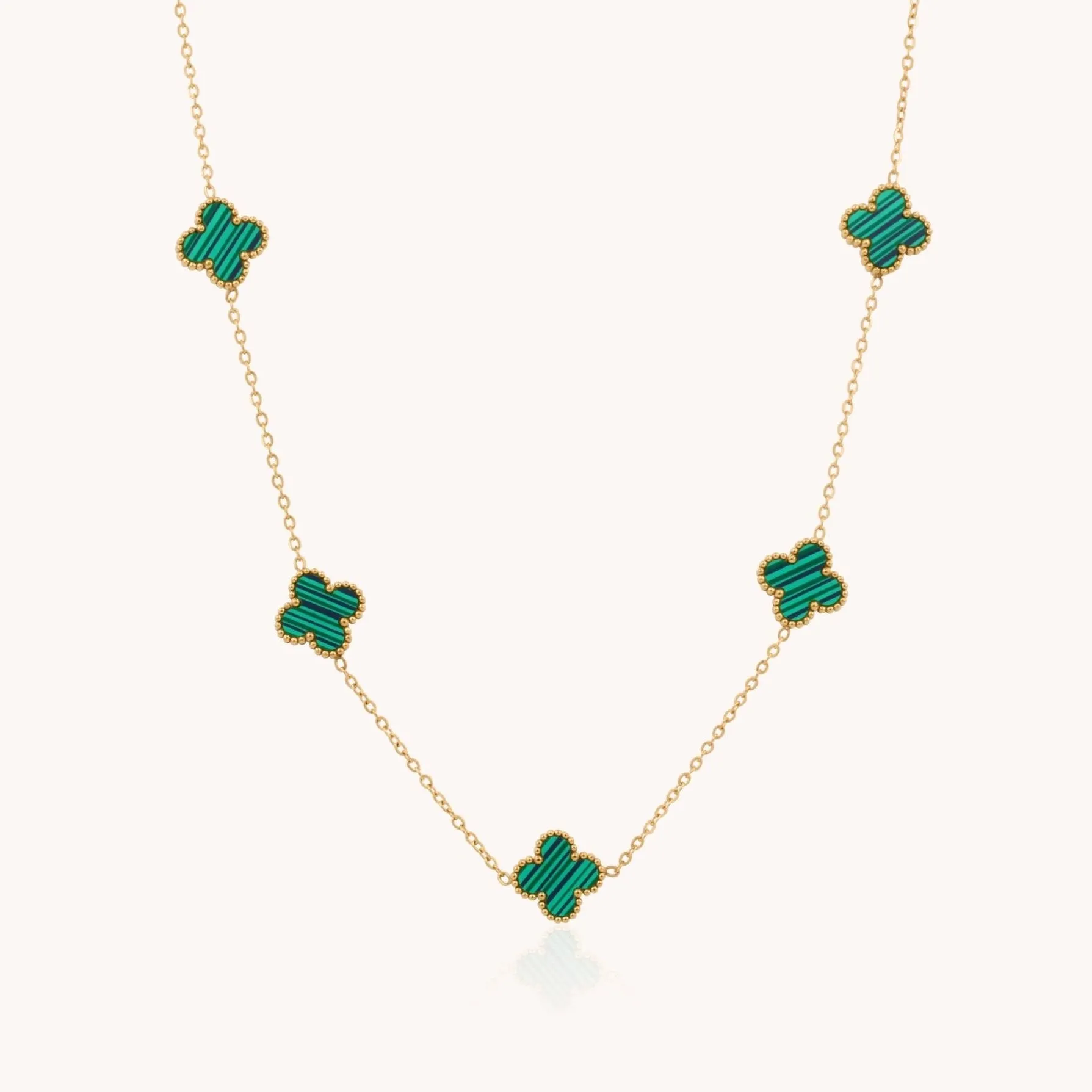 Green Malachite Clover Necklace, Gold
