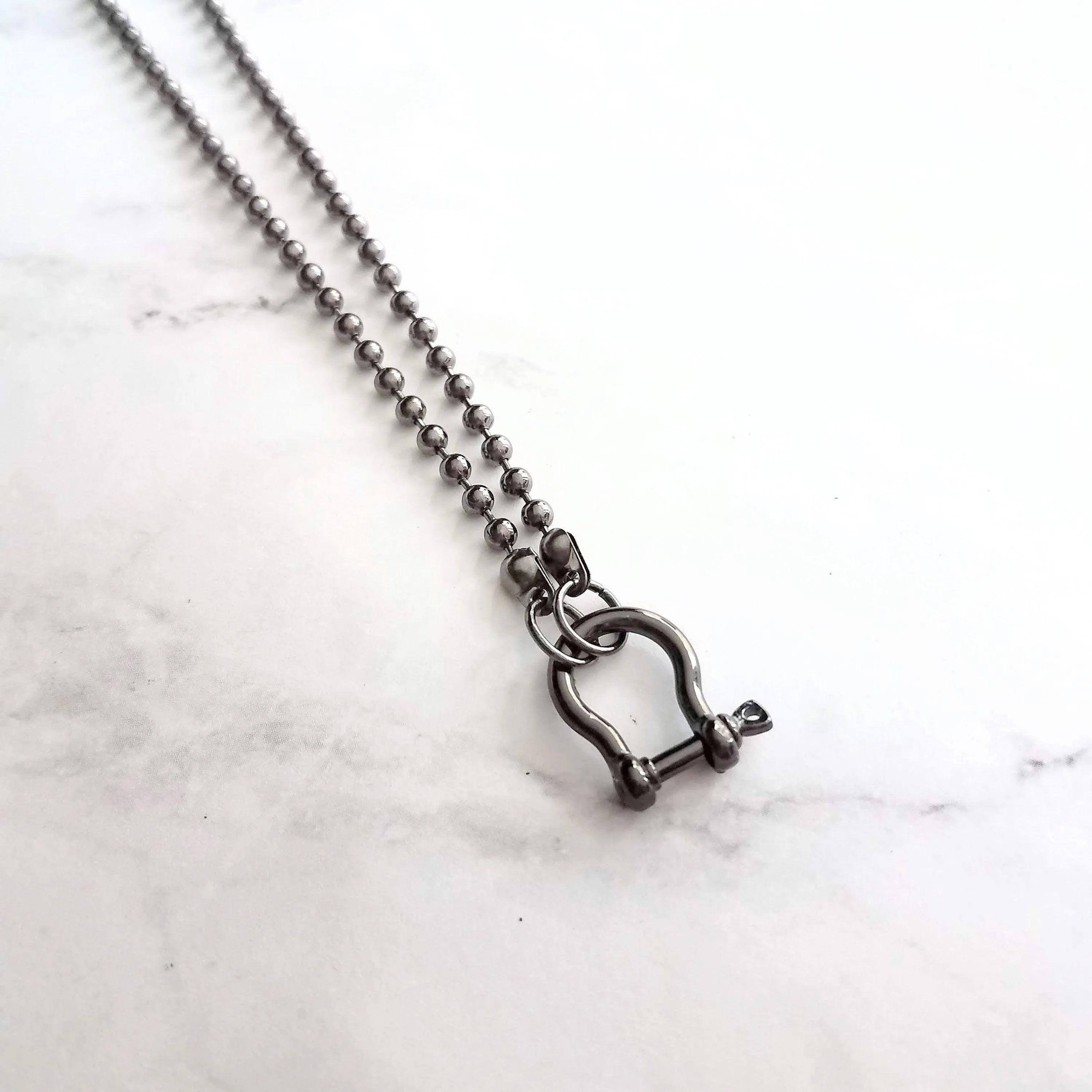 Gunmetal Ball Chain, black ball chain shackle clasp, black ball necklace, front clasp necklace, gunmetal necklace, silvery black chain