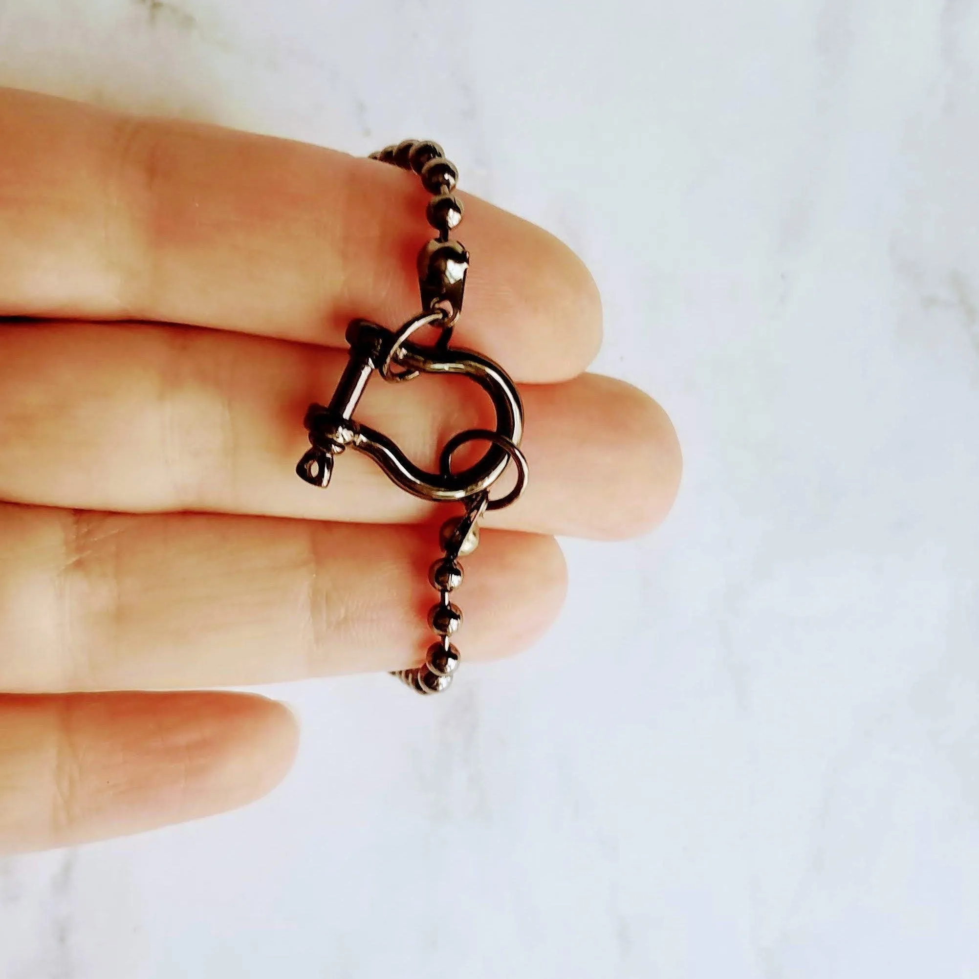 Gunmetal Ball Chain, black ball chain shackle clasp, black ball necklace, front clasp necklace, gunmetal necklace, silvery black chain