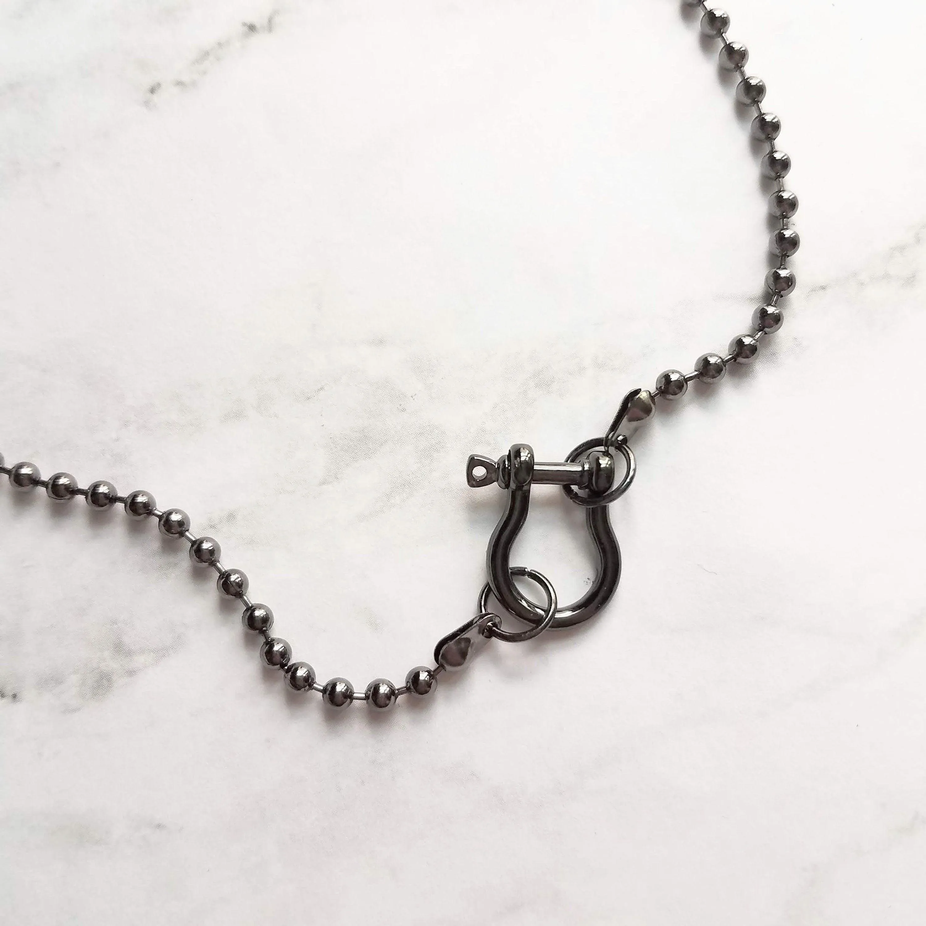 Gunmetal Ball Chain, black ball chain shackle clasp, black ball necklace, front clasp necklace, gunmetal necklace, silvery black chain