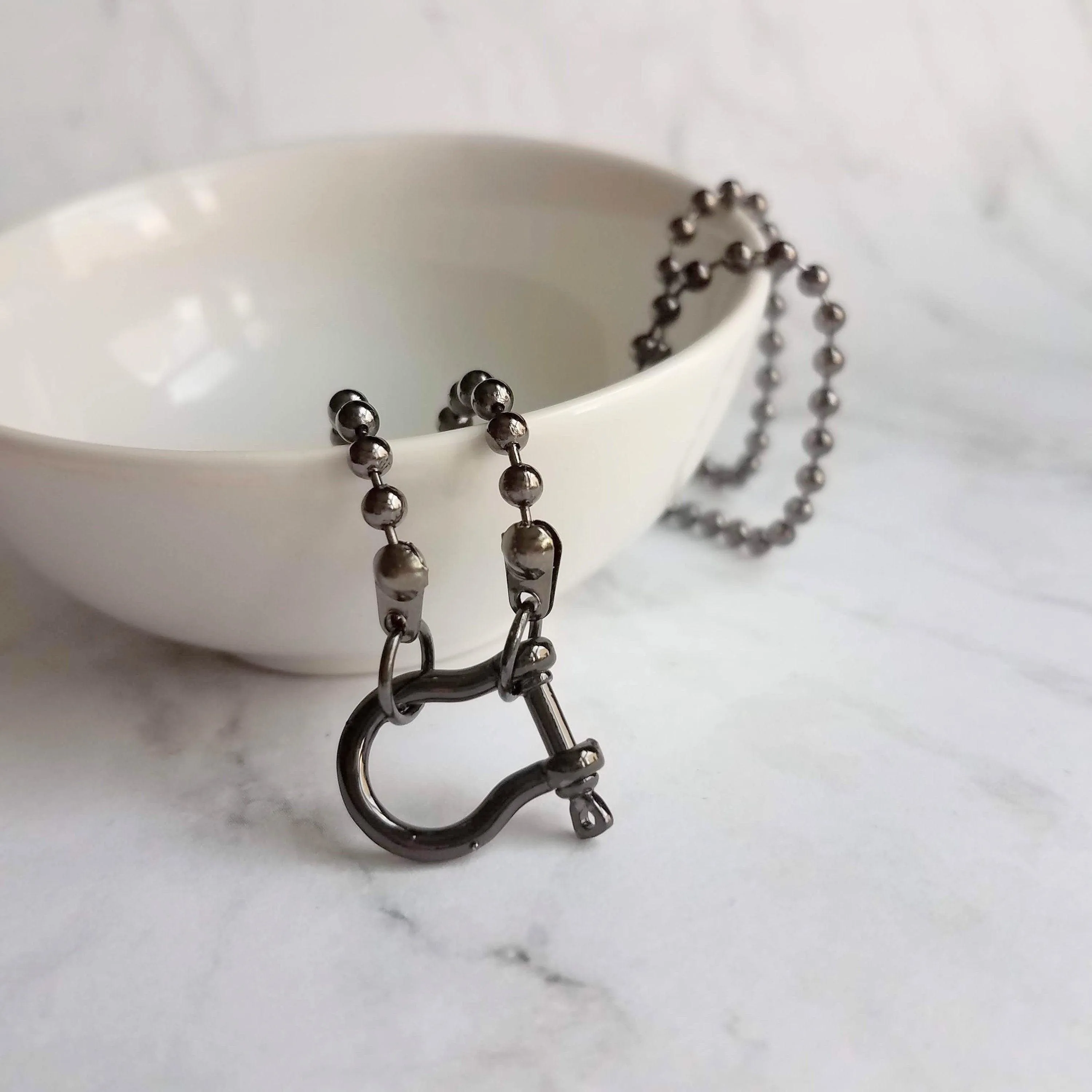 Gunmetal Ball Chain, black ball chain shackle clasp, black ball necklace, front clasp necklace, gunmetal necklace, silvery black chain