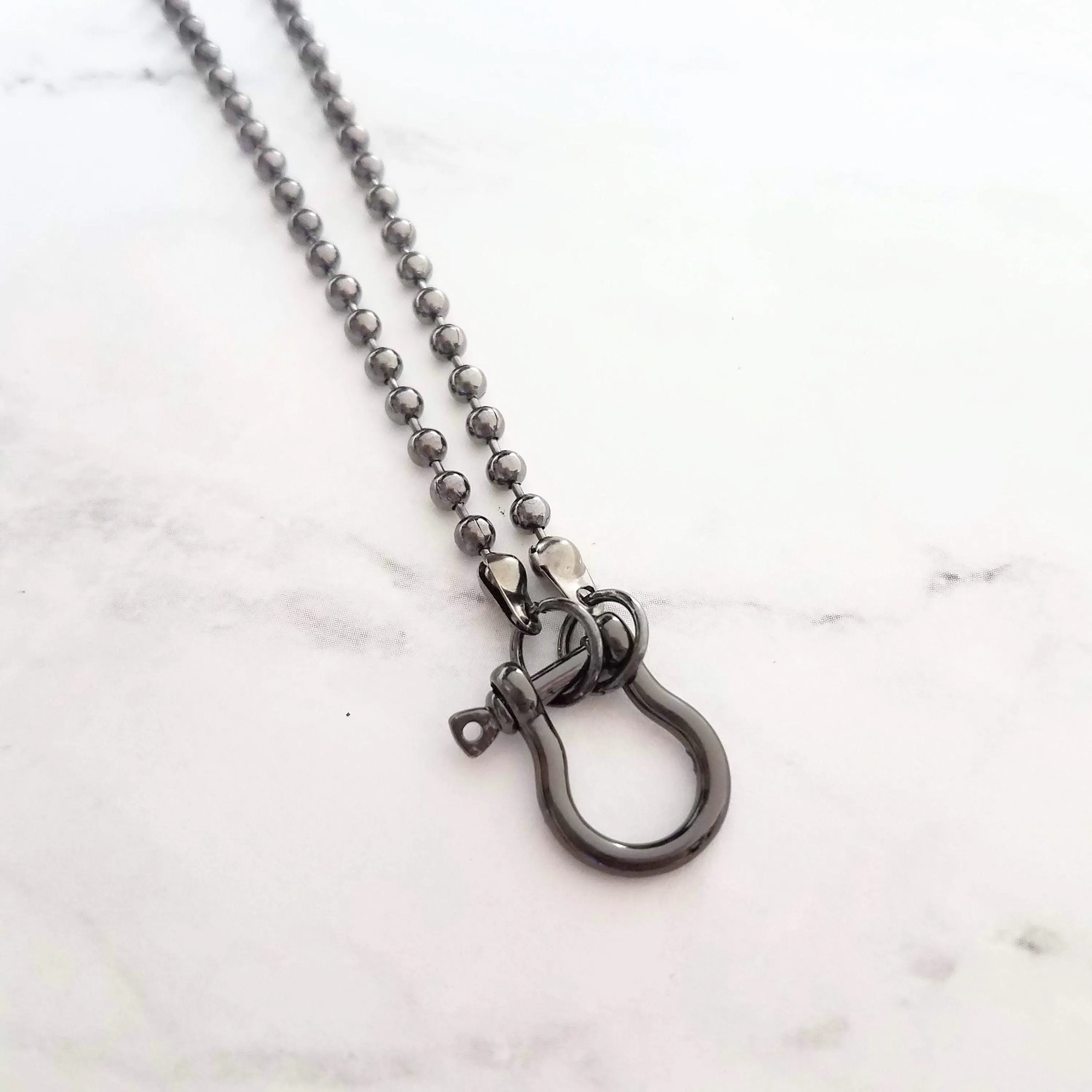 Gunmetal Ball Chain, black ball chain shackle clasp, black ball necklace, front clasp necklace, gunmetal necklace, silvery black chain