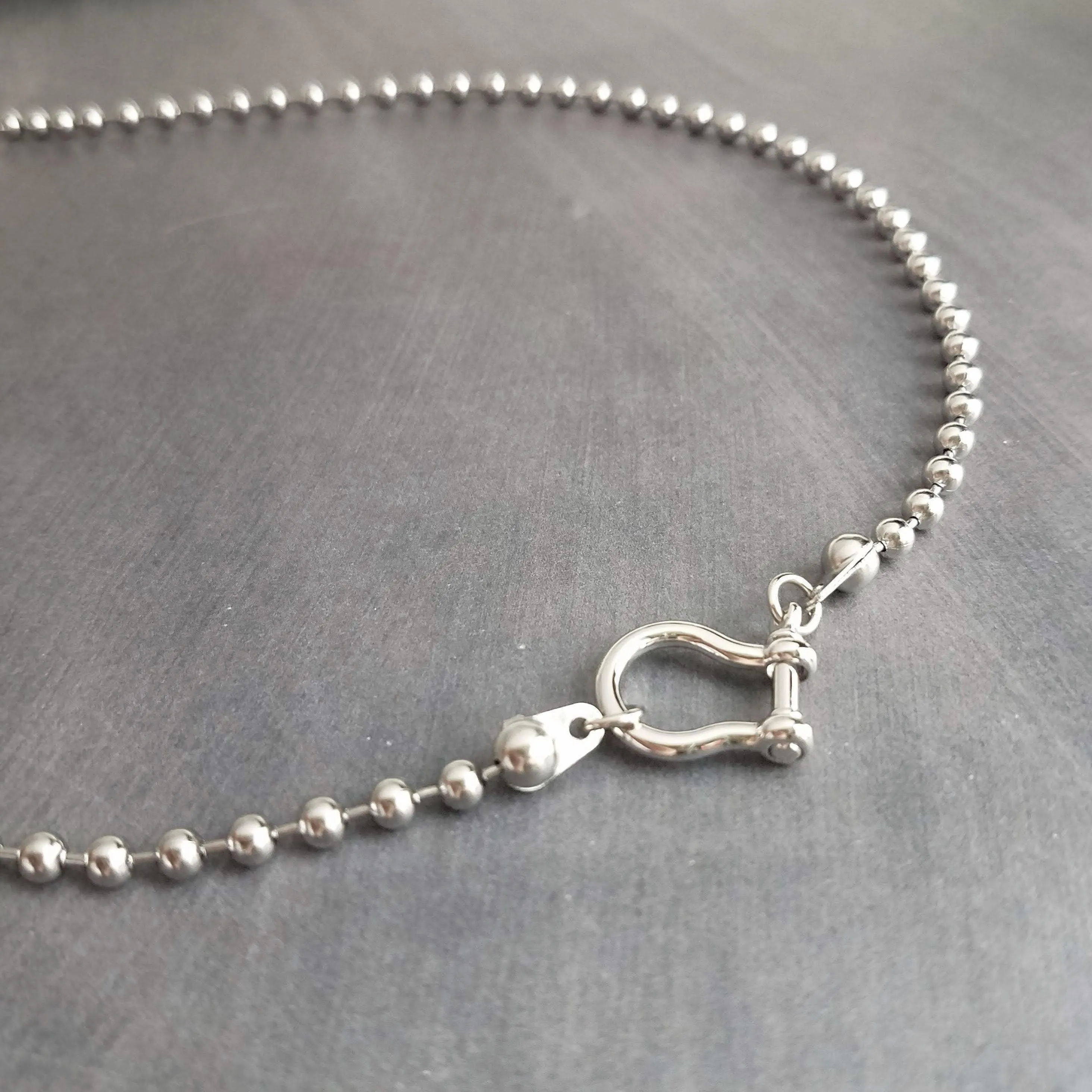Gunmetal Ball Chain, black ball chain shackle clasp, black ball necklace, front clasp necklace, gunmetal necklace, silvery black chain
