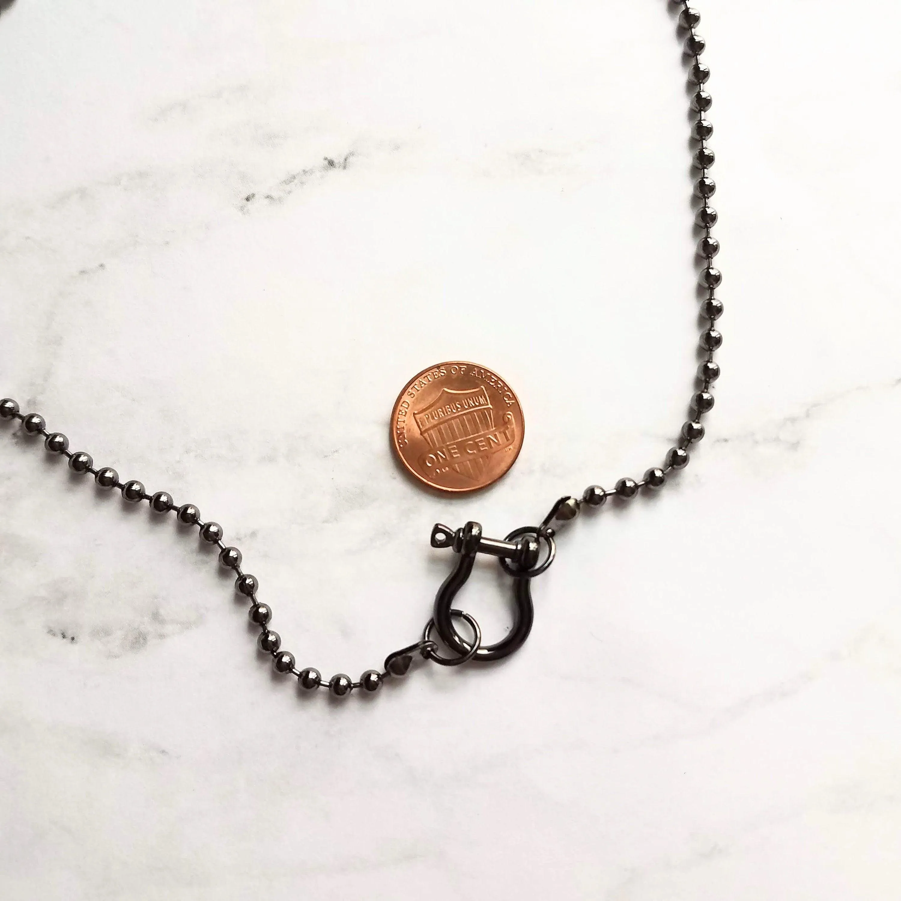 Gunmetal Ball Chain, black ball chain shackle clasp, black ball necklace, front clasp necklace, gunmetal necklace, silvery black chain