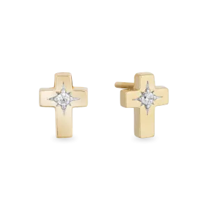 Hallmark Fine Jewelry Cross Stud Earrings in 14K Yellow Gold with Diamonds