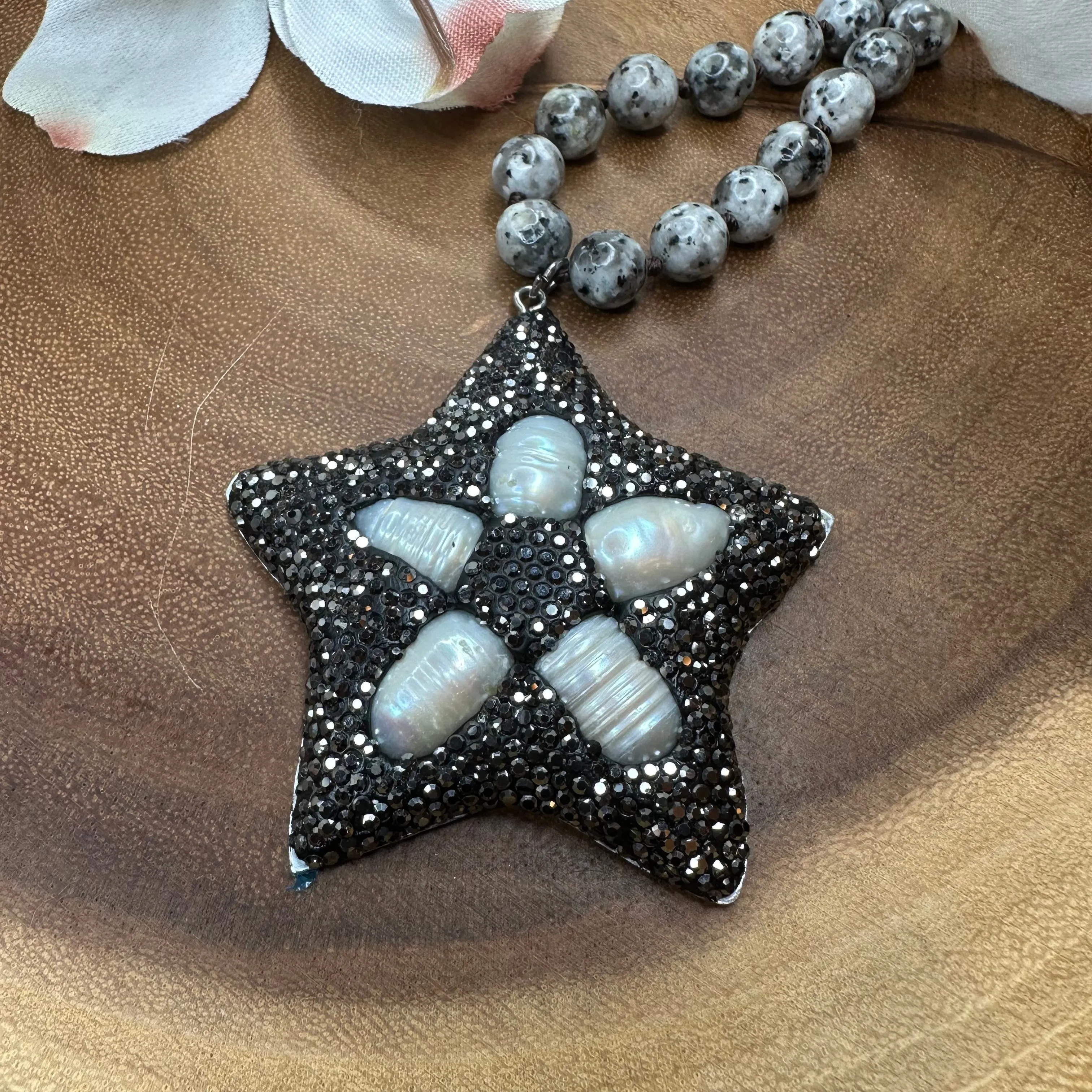 Hand Knotted Jasper Beads with Pave Embellished Star Pendant and Fresh Water Pearls 310-23 | Erika Williner Designs