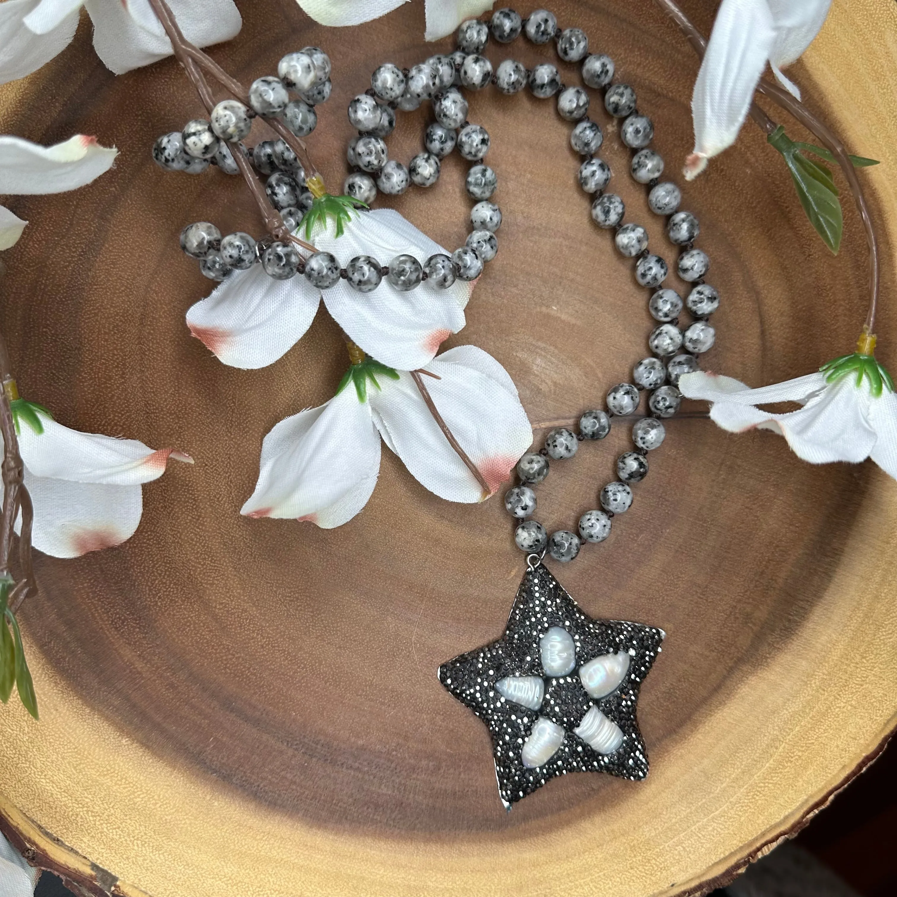 Hand Knotted Jasper Beads with Pave Embellished Star Pendant and Fresh Water Pearls 310-23 | Erika Williner Designs