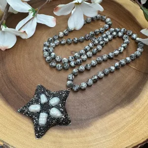 Hand Knotted Jasper Beads with Pave Embellished Star Pendant and Fresh Water Pearls 310-23 | Erika Williner Designs