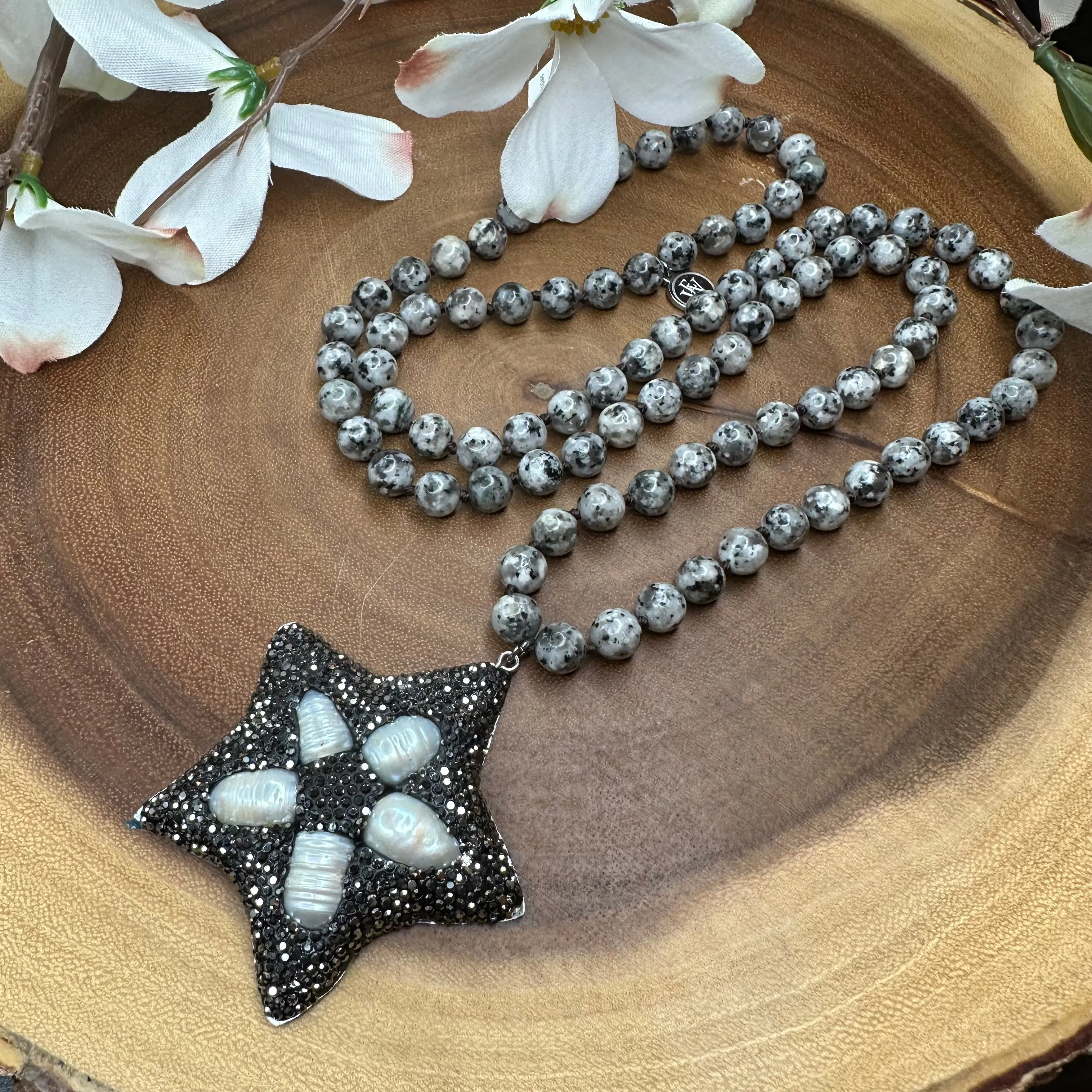 Hand Knotted Jasper Beads with Pave Embellished Star Pendant and Fresh Water Pearls 310-23 | Erika Williner Designs