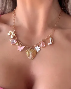 Heart Butterfly Charm Necklace - Gold/Pink