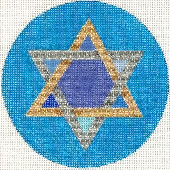JM-10: Star of David – mixed blues, golds, silvers on bright blue background