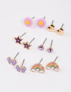 Kids Purple Star Rainbow Stud Earrings 6-Pack