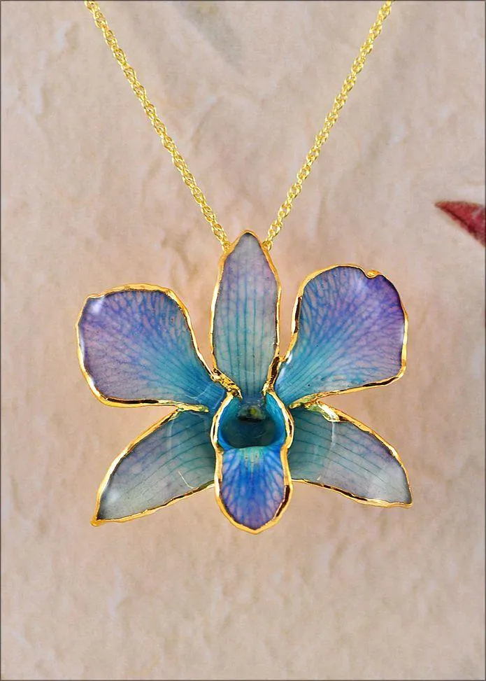 Lacquer Dipped Gold Trimmed Blue and Purple Dendrobium Real Orchid Necklace