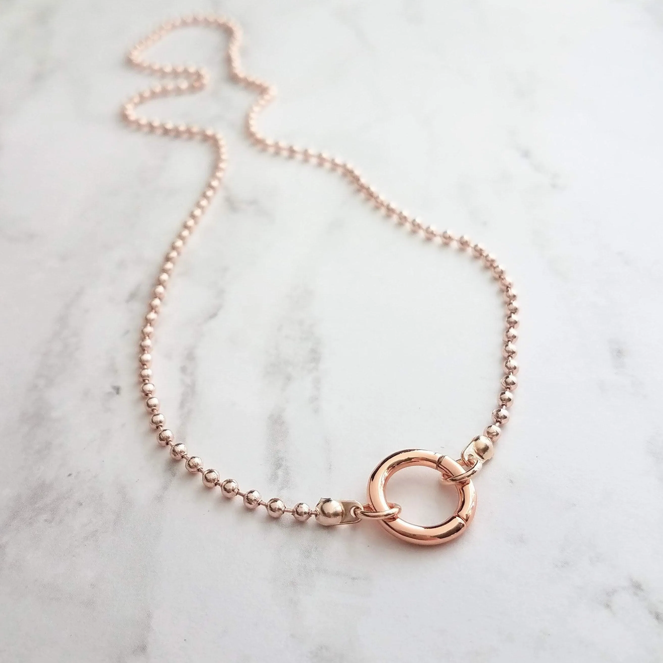 Large Ball Chain Necklace, rose gold ball chain, chunky front clasp necklace, carabiner clasp, large round clasp, rose gold ball necklace