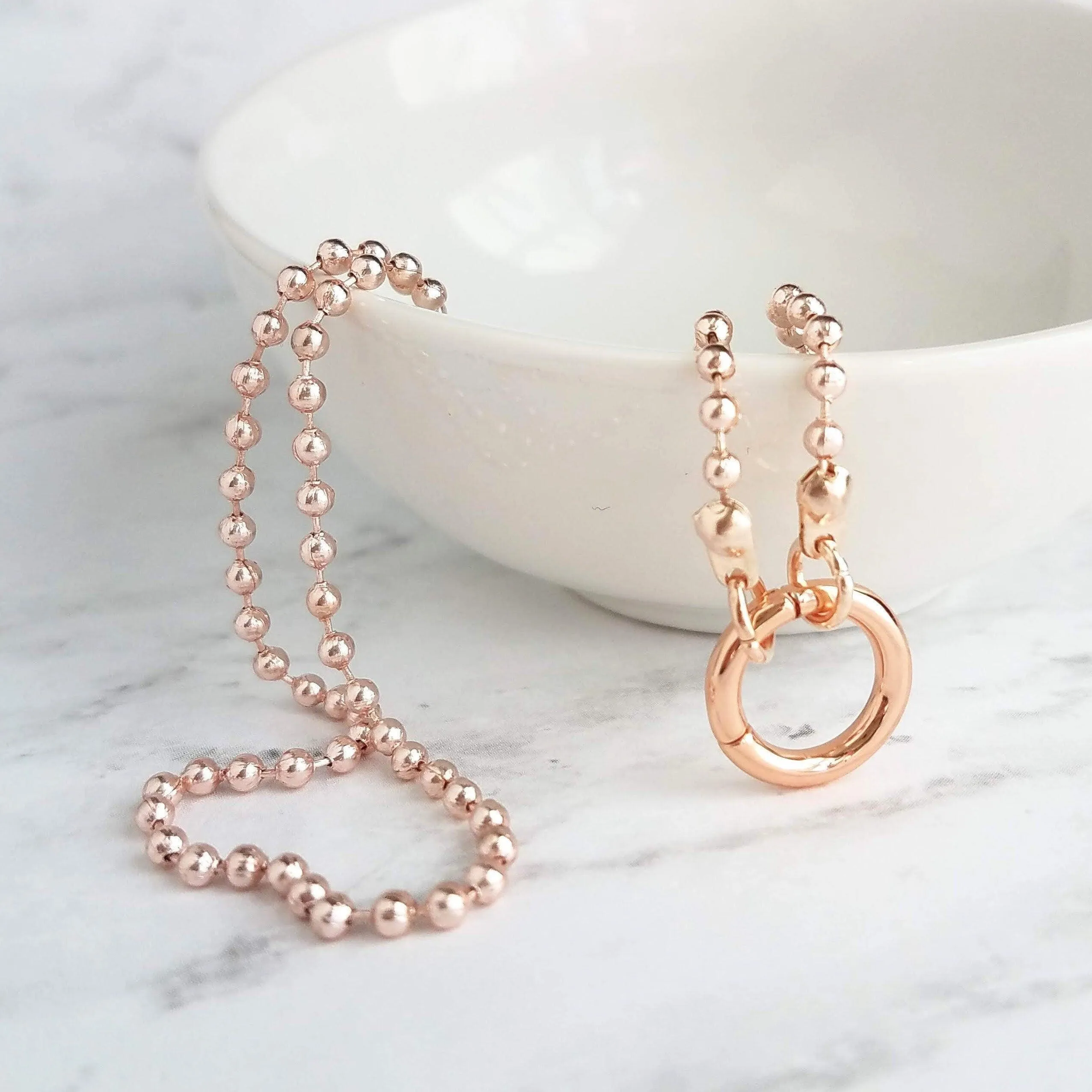 Large Ball Chain Necklace, rose gold ball chain, chunky front clasp necklace, carabiner clasp, large round clasp, rose gold ball necklace