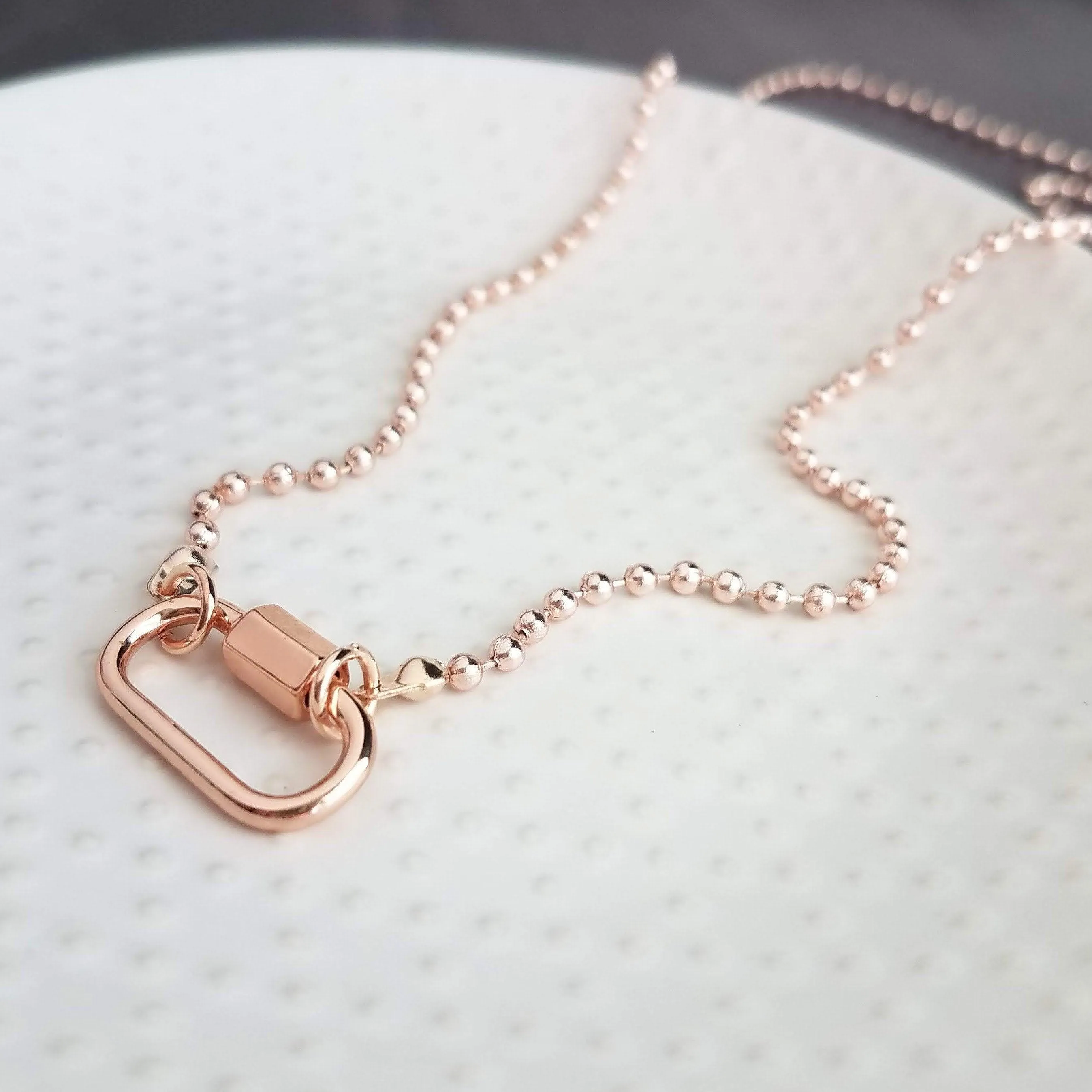 Large Ball Chain Necklace, rose gold ball chain, chunky front clasp necklace, carabiner clasp, large round clasp, rose gold ball necklace