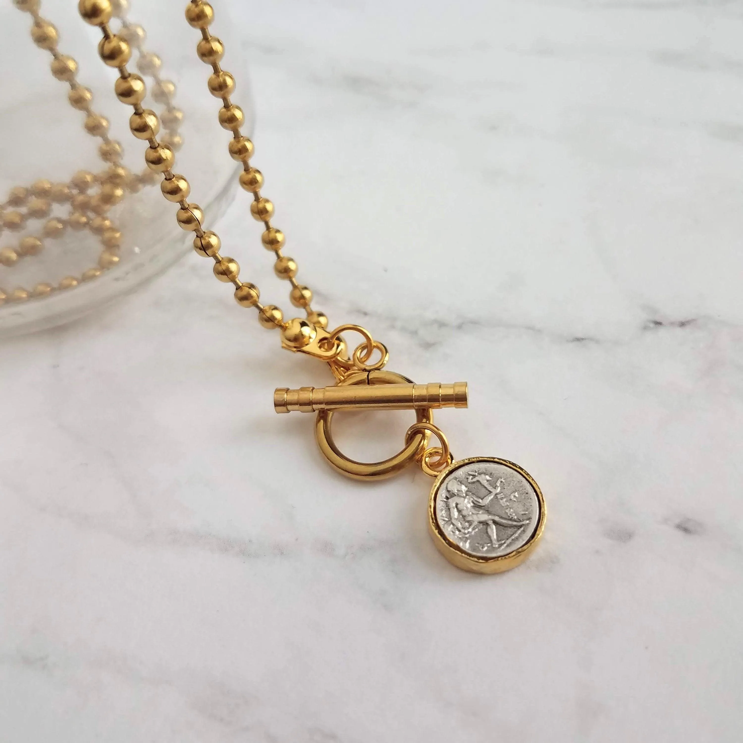 Large Gold Ball Chain Necklace, front toggle clasp necklace, coin pendant, gold coin charm, chunky gold necklace, coin necklace, thick chain