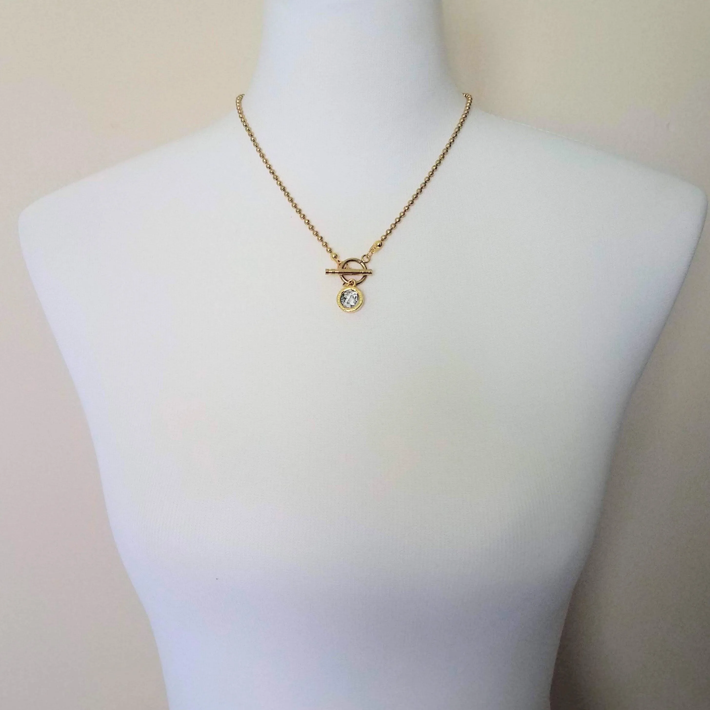 Large Gold Ball Chain Necklace, front toggle clasp necklace, coin pendant, gold coin charm, chunky gold necklace, coin necklace, thick chain