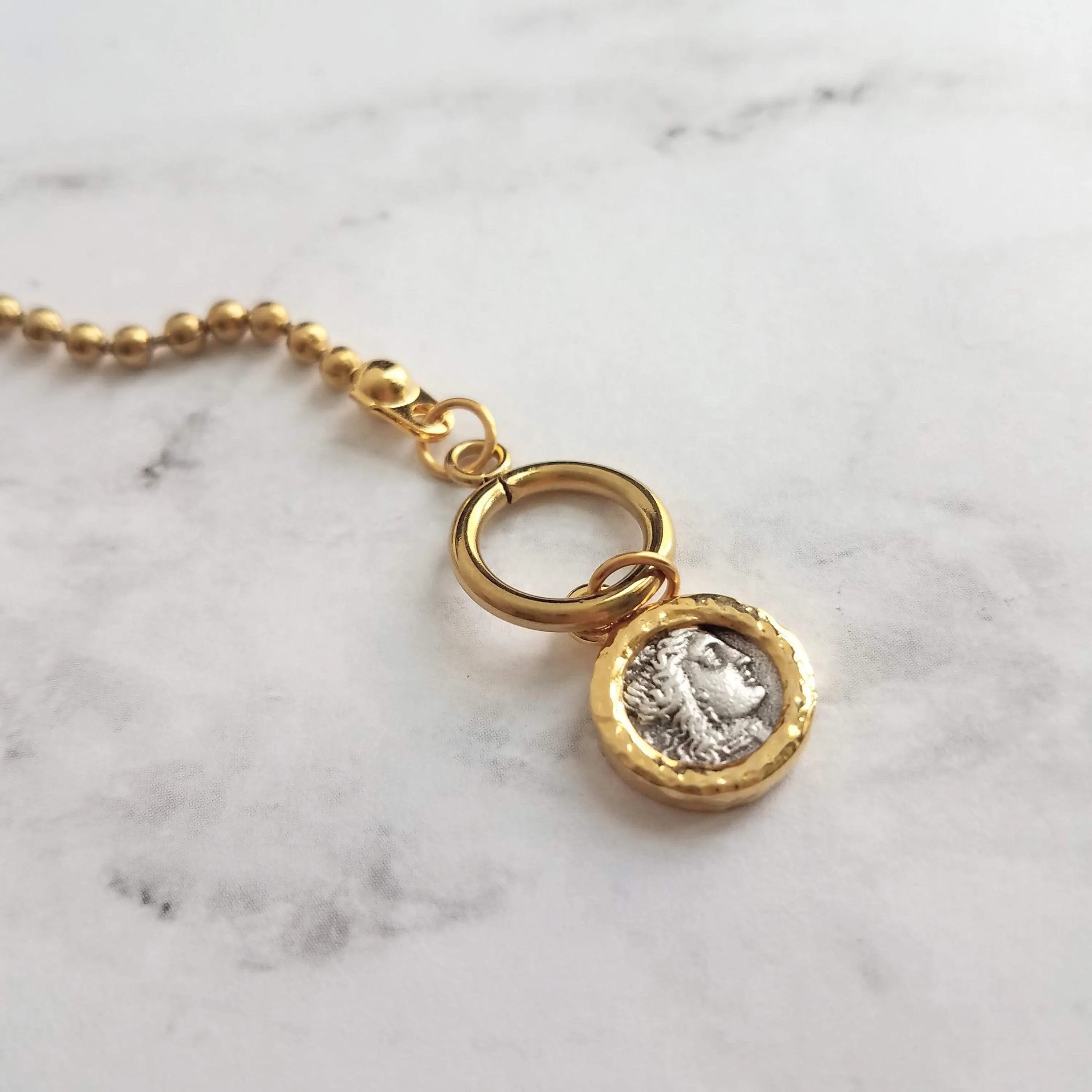 Large Gold Ball Chain Necklace, front toggle clasp necklace, coin pendant, gold coin charm, chunky gold necklace, coin necklace, thick chain