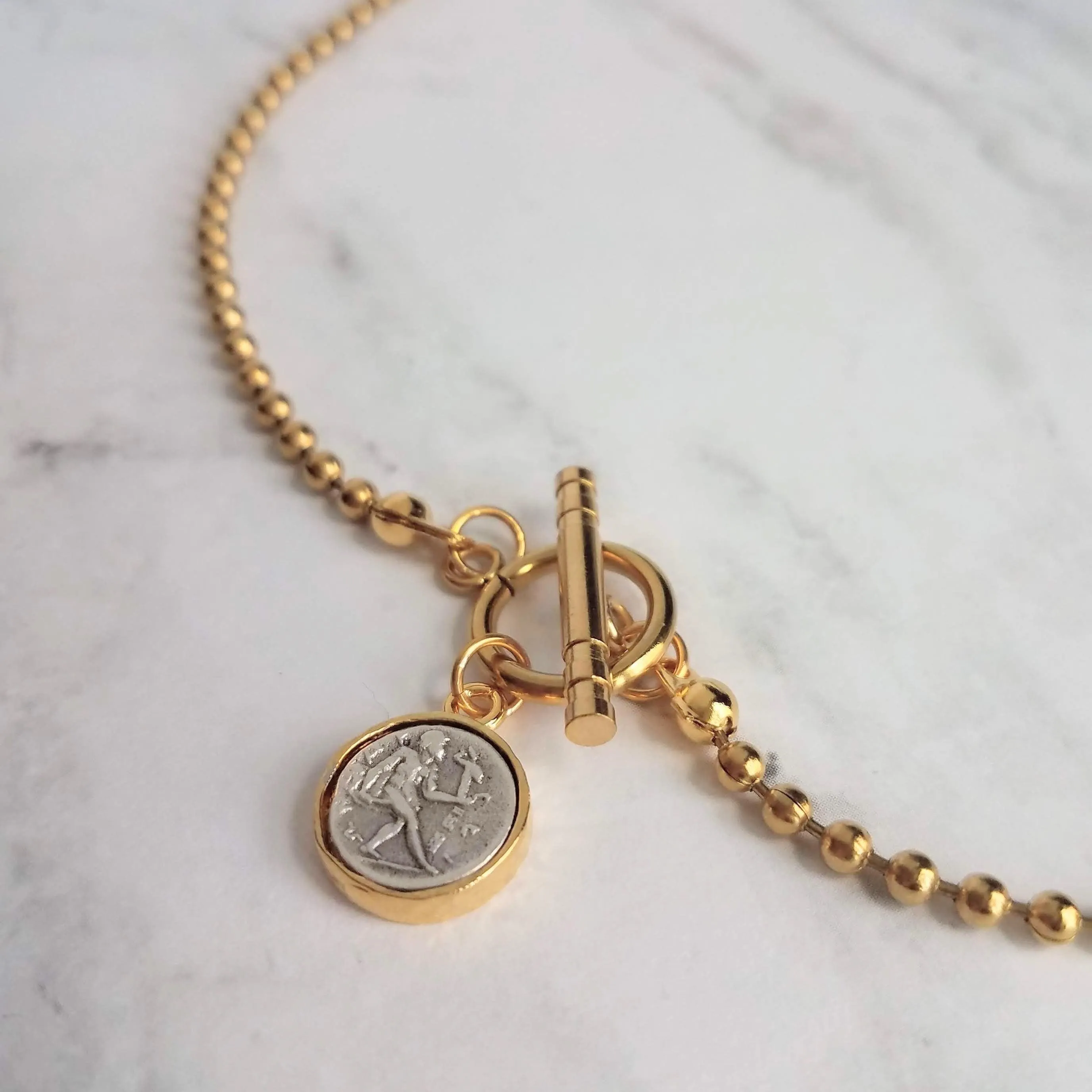 Large Gold Ball Chain Necklace, front toggle clasp necklace, coin pendant, gold coin charm, chunky gold necklace, coin necklace, thick chain