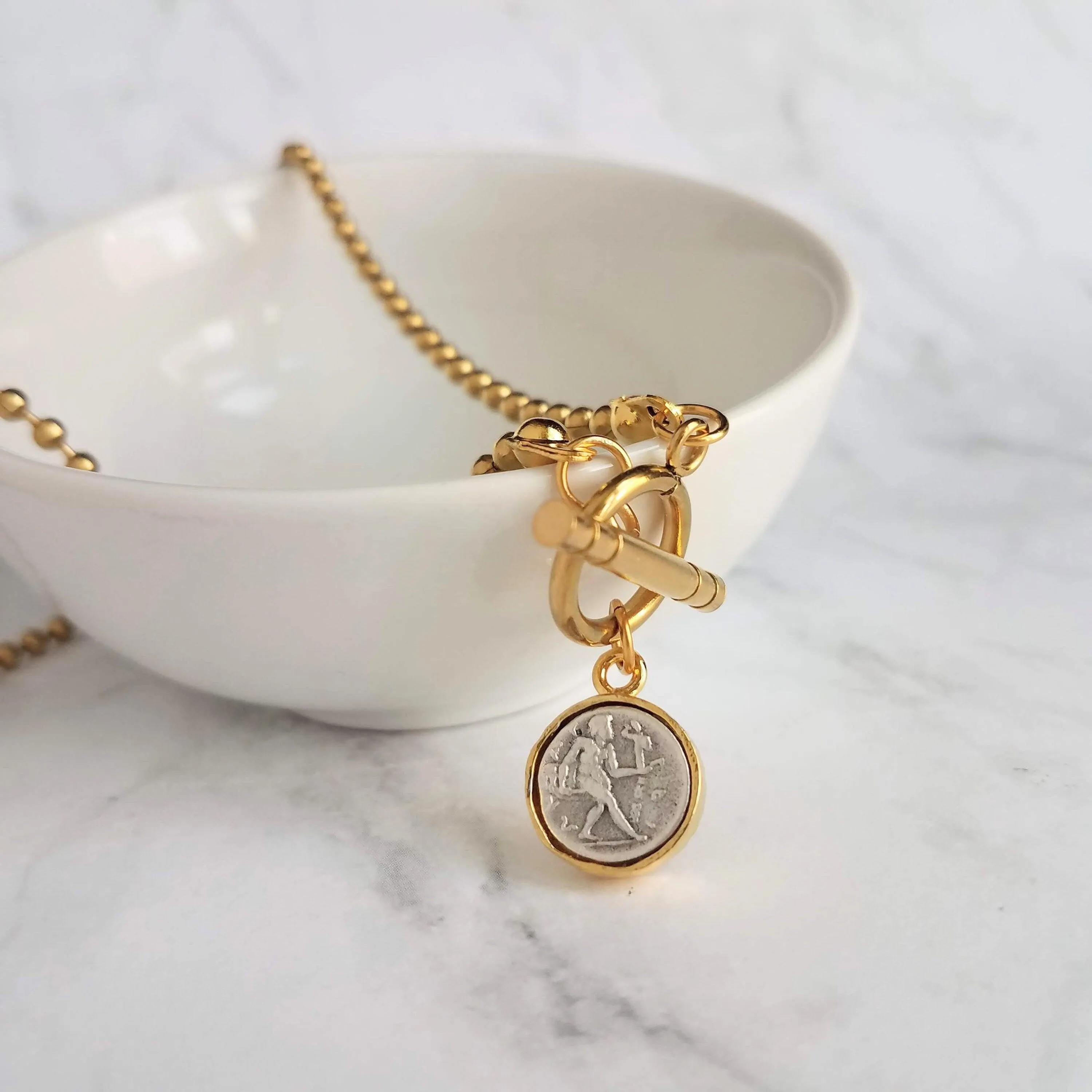 Large Gold Ball Chain Necklace, front toggle clasp necklace, coin pendant, gold coin charm, chunky gold necklace, coin necklace, thick chain