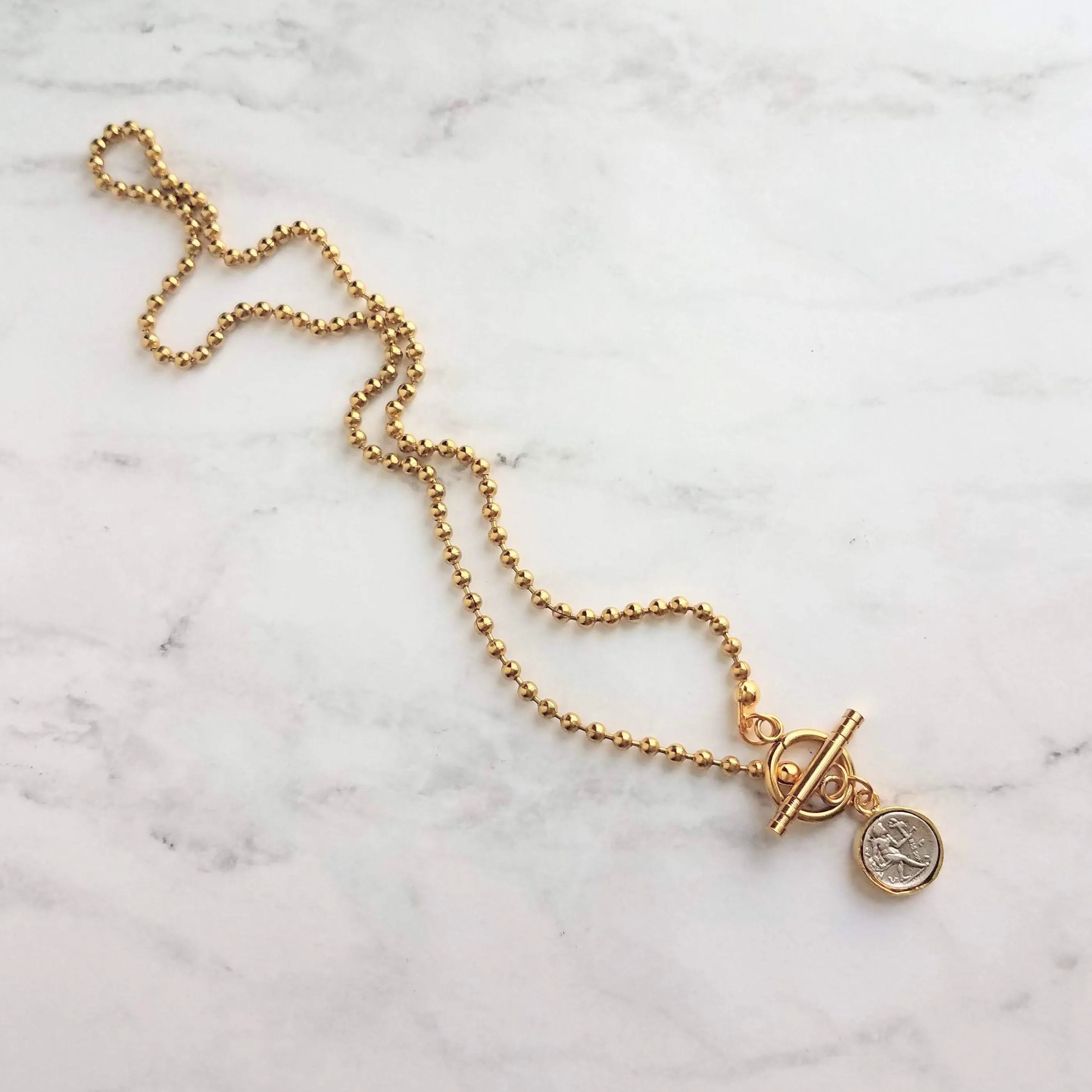 Large Gold Ball Chain Necklace, front toggle clasp necklace, coin pendant, gold coin charm, chunky gold necklace, coin necklace, thick chain