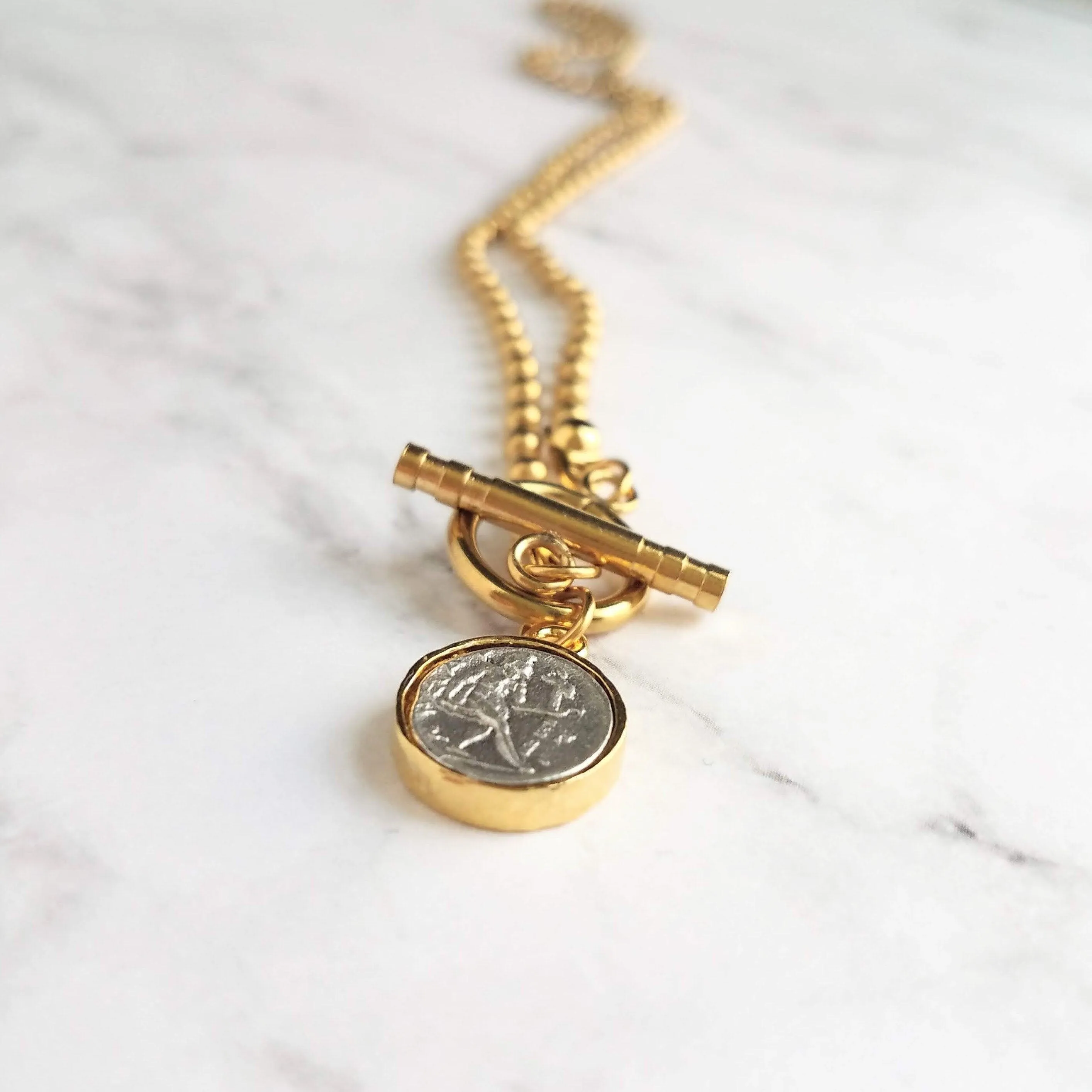 Large Gold Ball Chain Necklace, front toggle clasp necklace, coin pendant, gold coin charm, chunky gold necklace, coin necklace, thick chain