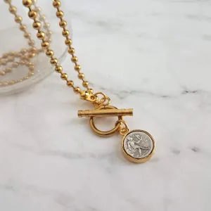 Large Gold Ball Chain Necklace, front toggle clasp necklace, coin pendant, gold coin charm, chunky gold necklace, coin necklace, thick chain