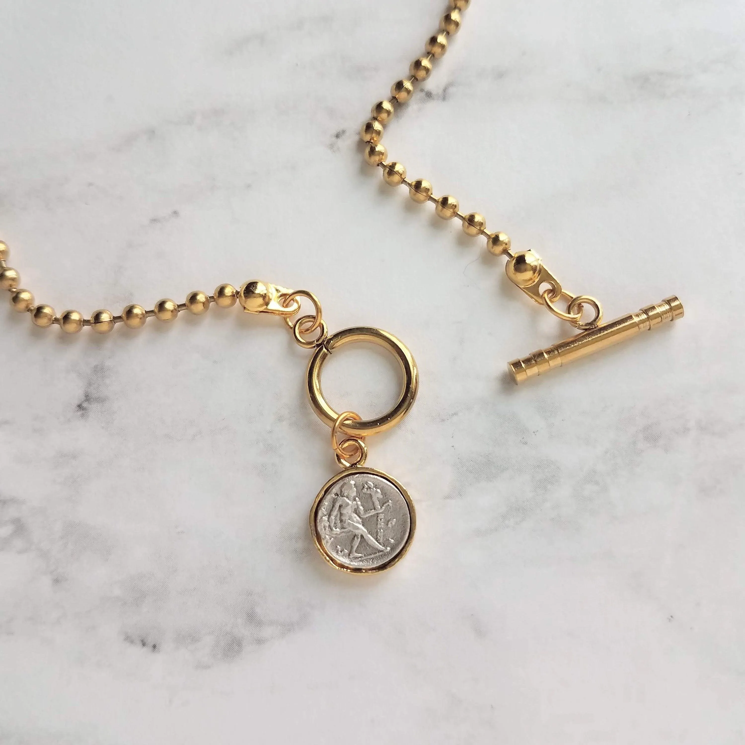 Large Gold Ball Chain Necklace, front toggle clasp necklace, coin pendant, gold coin charm, chunky gold necklace, coin necklace, thick chain
