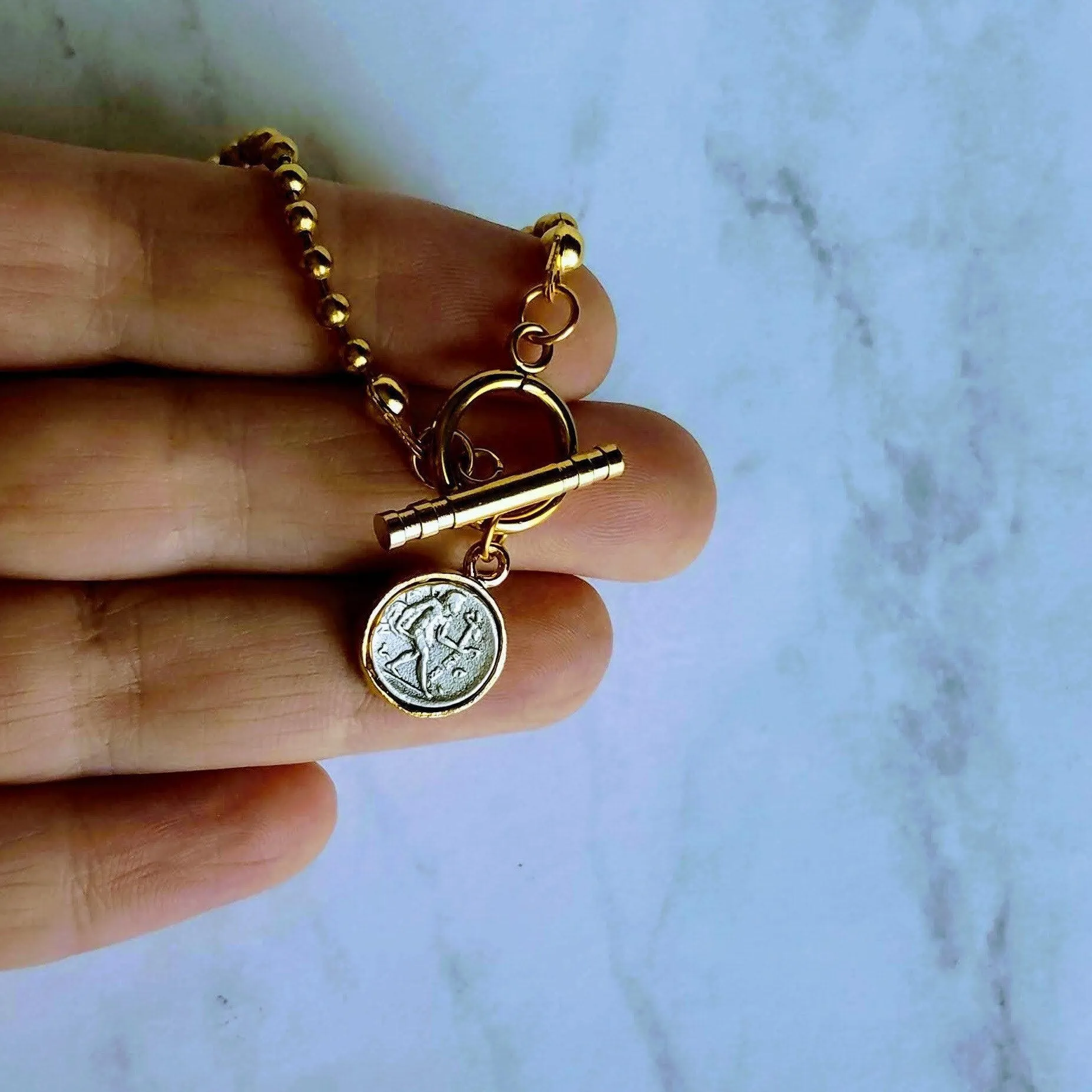 Large Gold Ball Chain Necklace, front toggle clasp necklace, coin pendant, gold coin charm, chunky gold necklace, coin necklace, thick chain