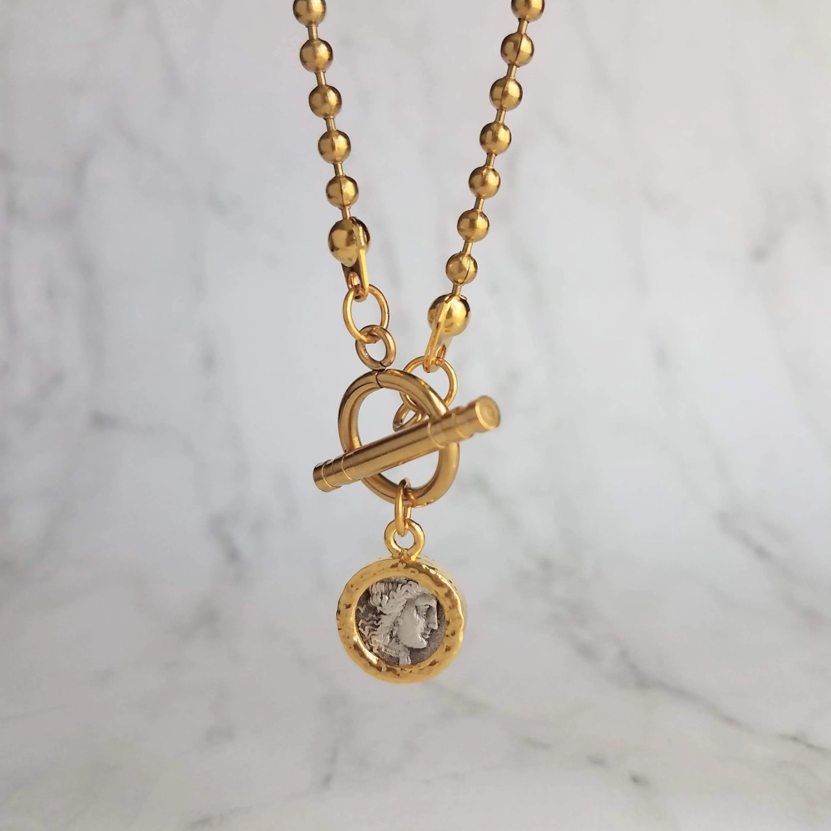 Large Gold Ball Chain Necklace, front toggle clasp necklace, coin pendant, gold coin charm, chunky gold necklace, coin necklace, thick chain