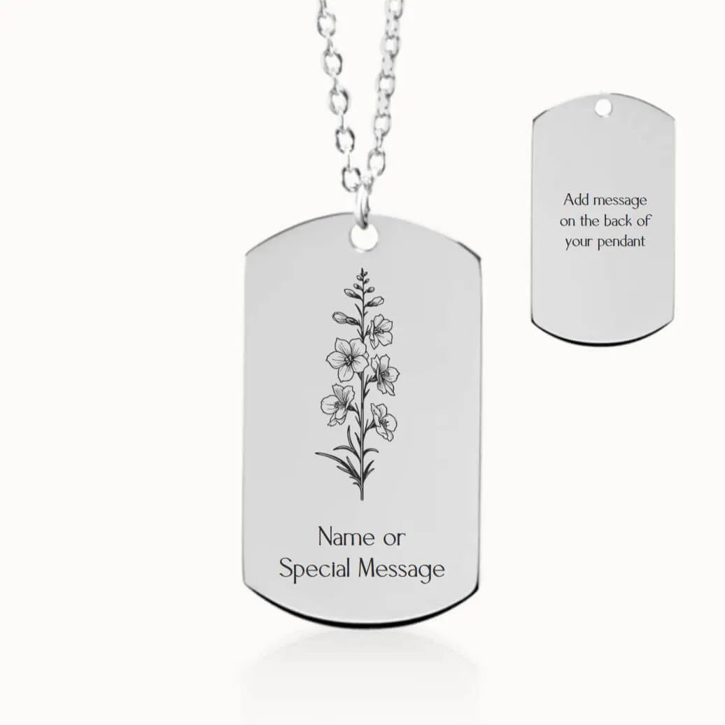 Larkspur Birth Flower Tag Pendant on Fine Chain