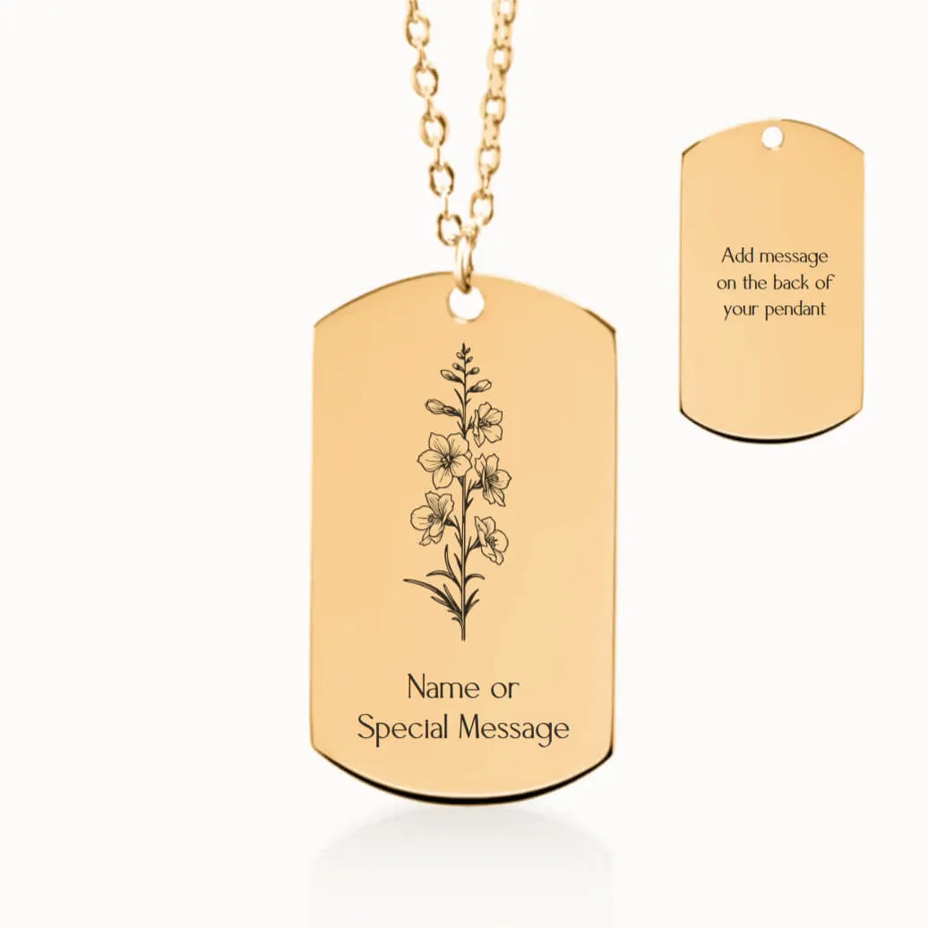Larkspur Birth Flower Tag Pendant on Fine Chain