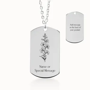 Larkspur Birth Flower Tag Pendant on Fine Chain