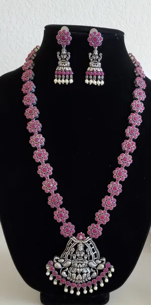 Long Temple Necklace With Oxidised Plating Ruby