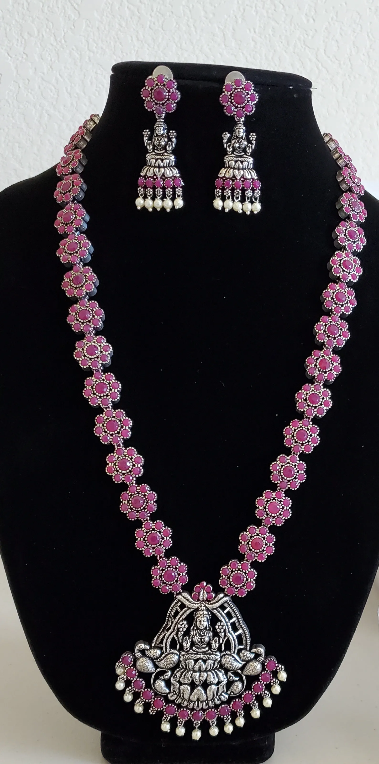 Long Temple Necklace With Oxidised Plating Ruby