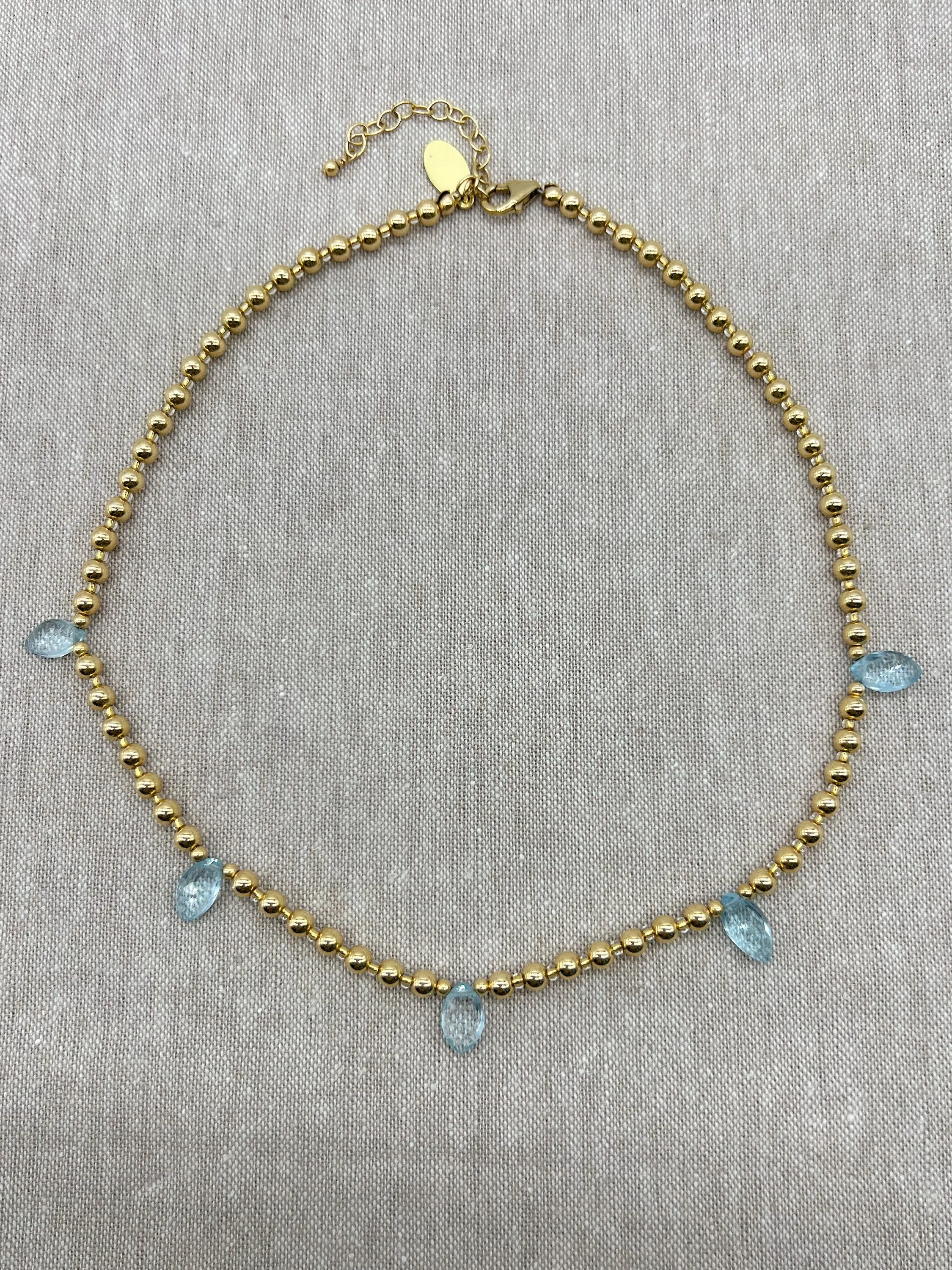 Lt Blue Topaz and Gold Bead Necklace
