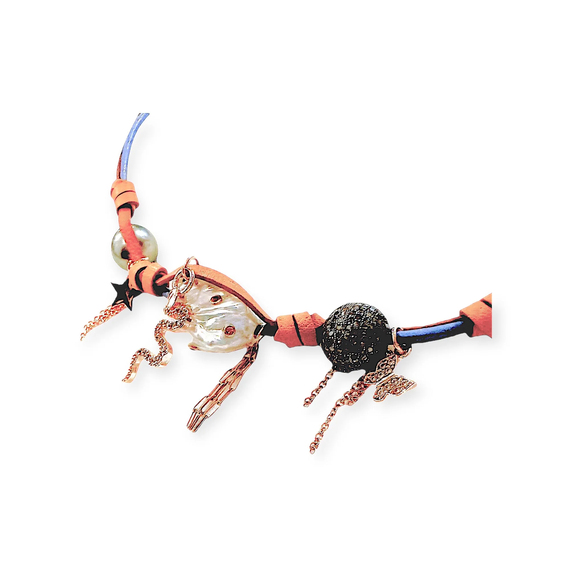 MAGICAL GARDEN DIAMOND DREAMS RAINBOW SKY ROSE GOLD MAGICAL CHARMS, PEARLS AND ROSE GOLD CHAIN ROCKER NECKLACE
