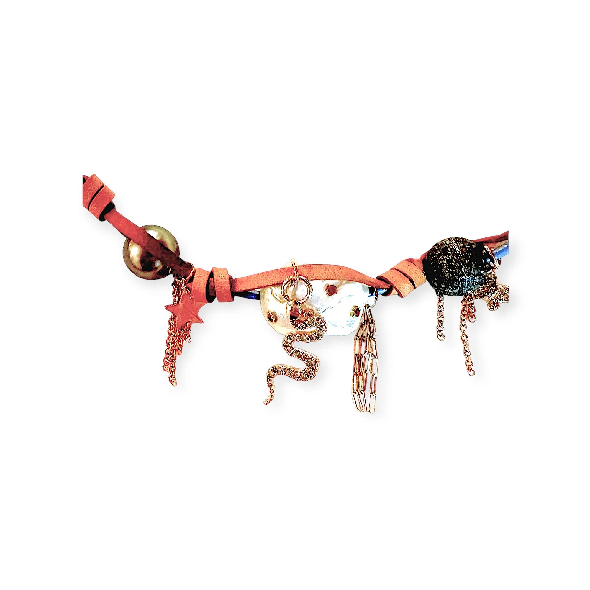 MAGICAL GARDEN DIAMOND DREAMS RAINBOW SKY ROSE GOLD MAGICAL CHARMS, PEARLS AND ROSE GOLD CHAIN ROCKER NECKLACE