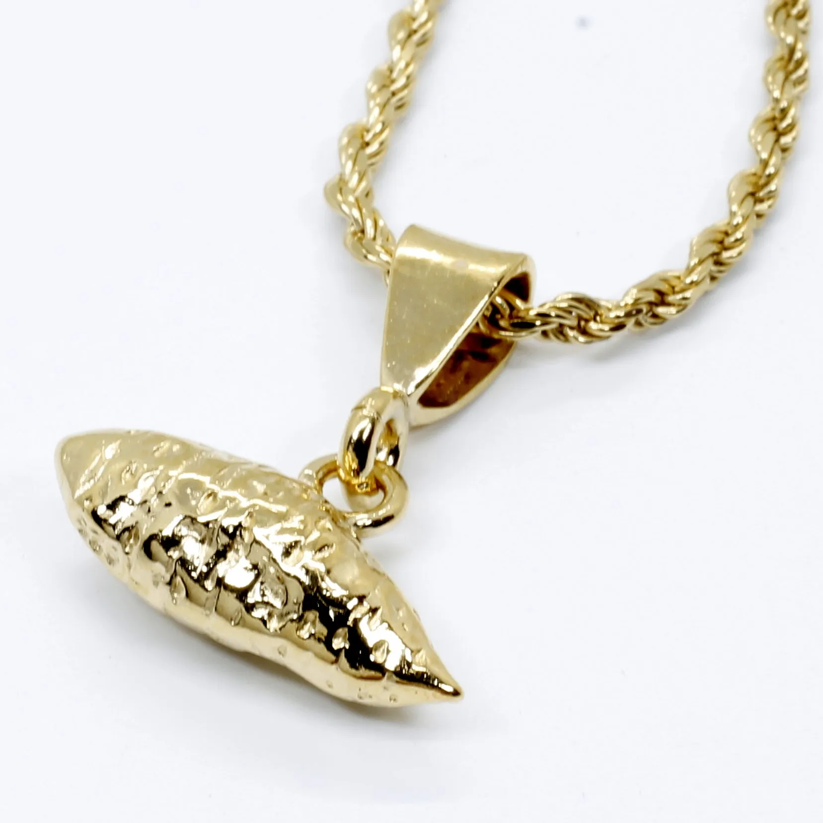 Mans Large Gold Sweet Potato Necklace on rope chain for men or women