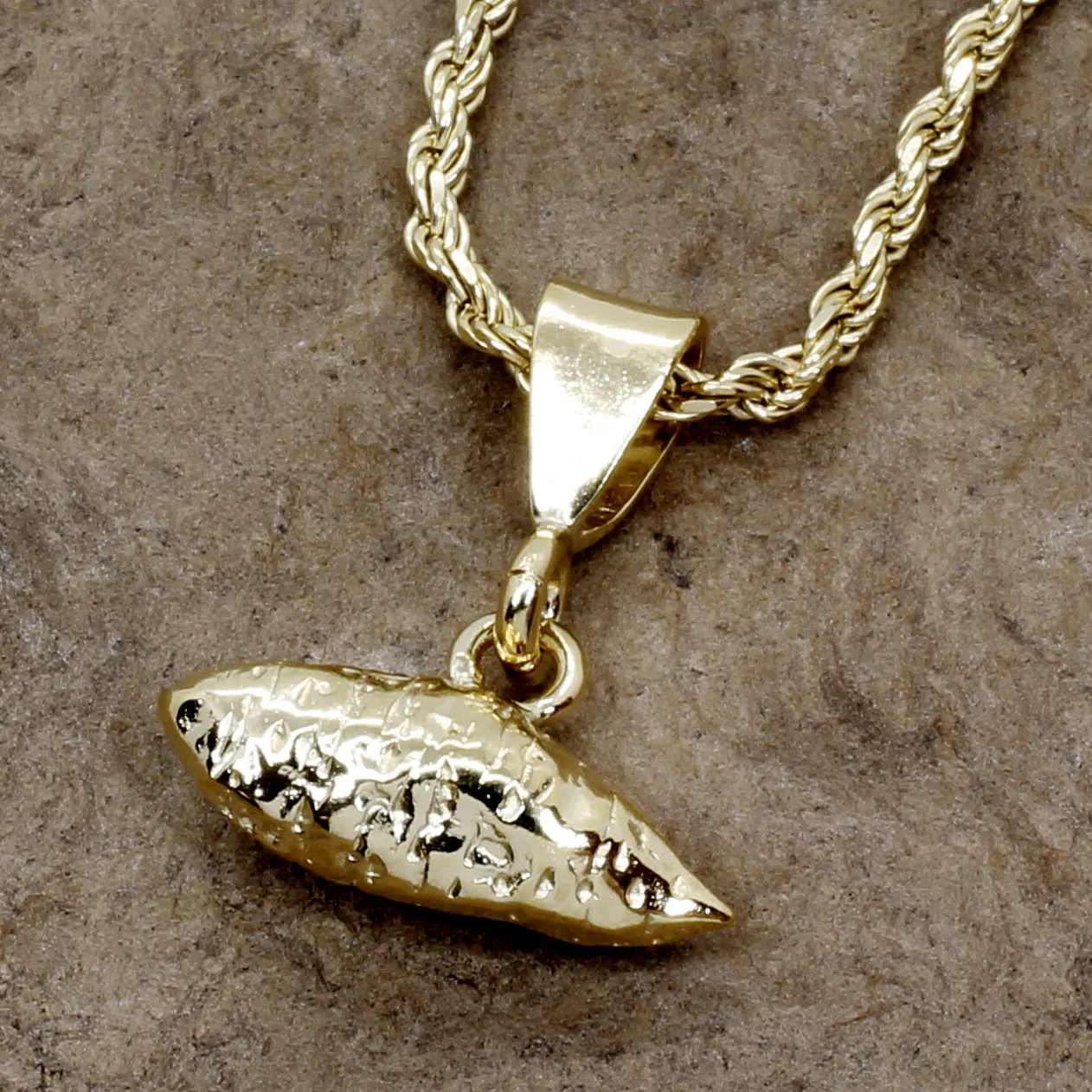 Mans Large Gold Sweet Potato Necklace on rope chain for men or women