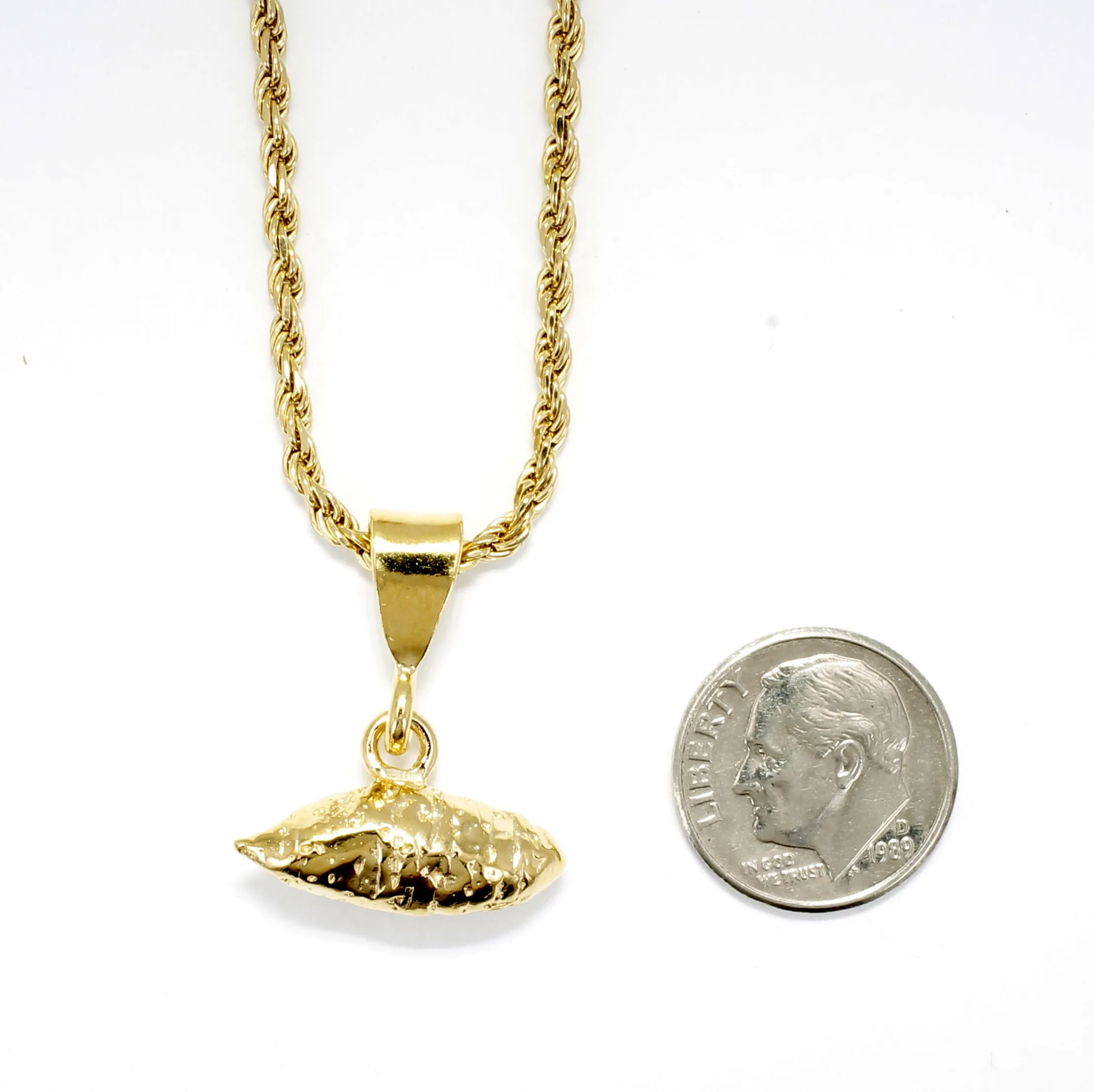 Mans Large Gold Sweet Potato Necklace on rope chain for men or women