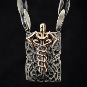 Men's Sterling Silver and Solid Gold Medicine Symbol Caduceus Necklace